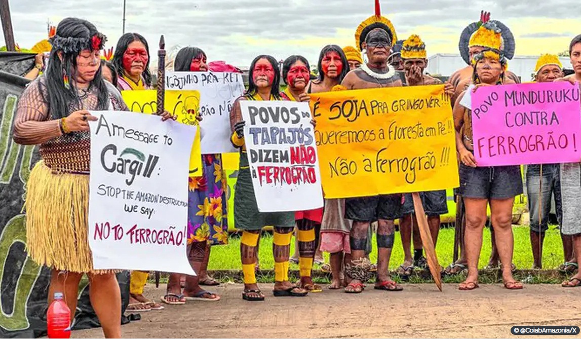 Indígenas protestam contra ferrovia que atenderá o escoamento do agro para porto no Pará